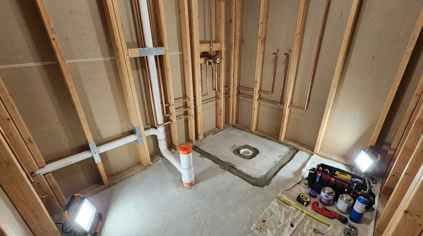 Bathroom rough-in plumbing during remodel by Johns Plumbing LLC in Saxonburg