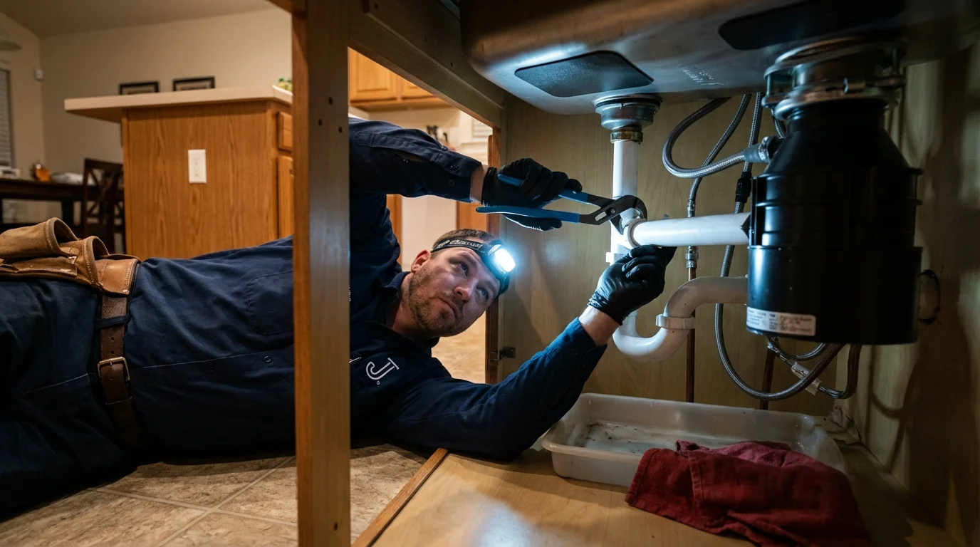 P-trap and supply line connections under a kitchen sink showing a common leak point in Saxonburg, PA